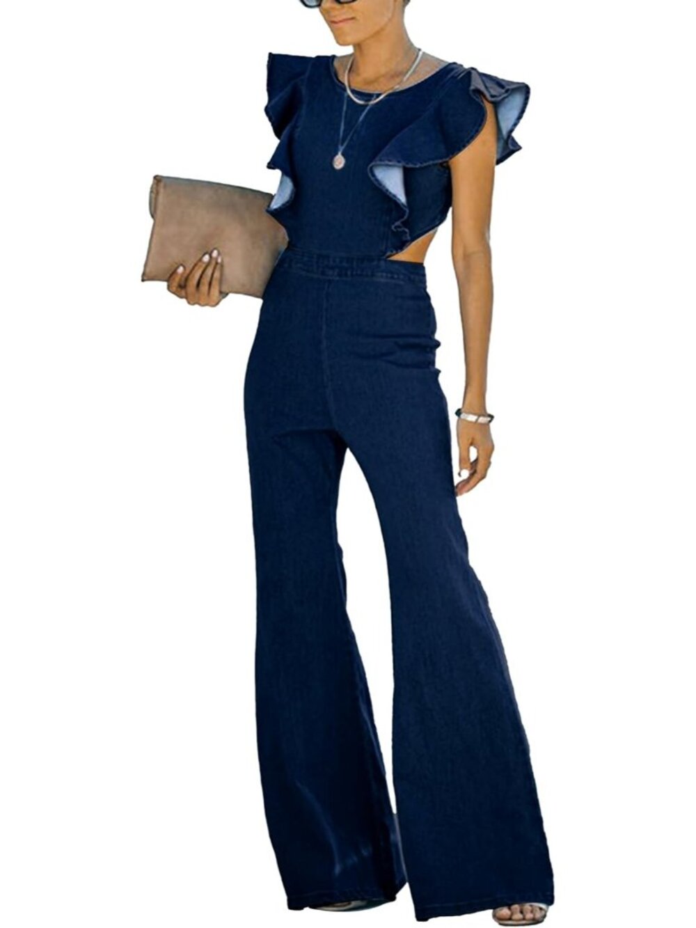 Women's Dark Blue Wide Leg Denim Overalls Flared Denim Jumpsuits Jean Rompers